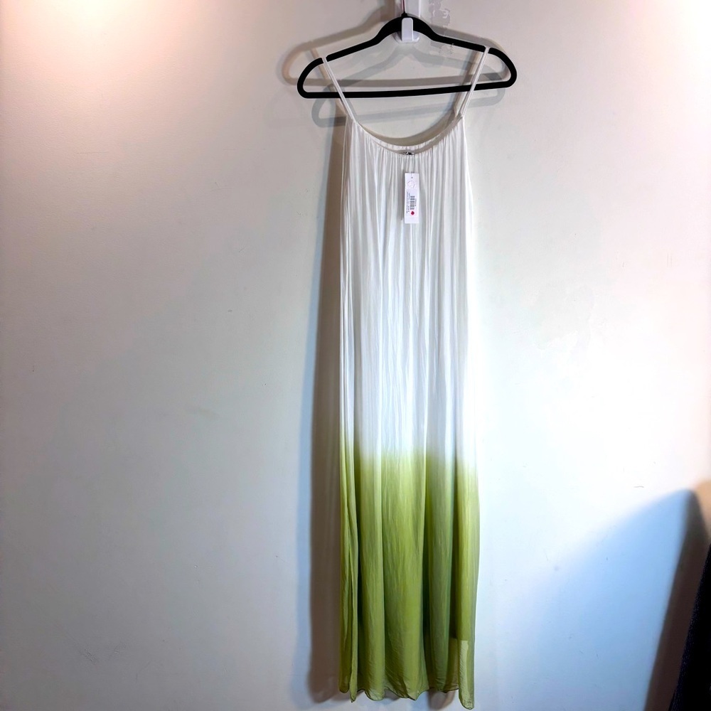 MEO MELI SZ M 100% Silk Millie White and Avocado Ombre Lined Maxi Dress
